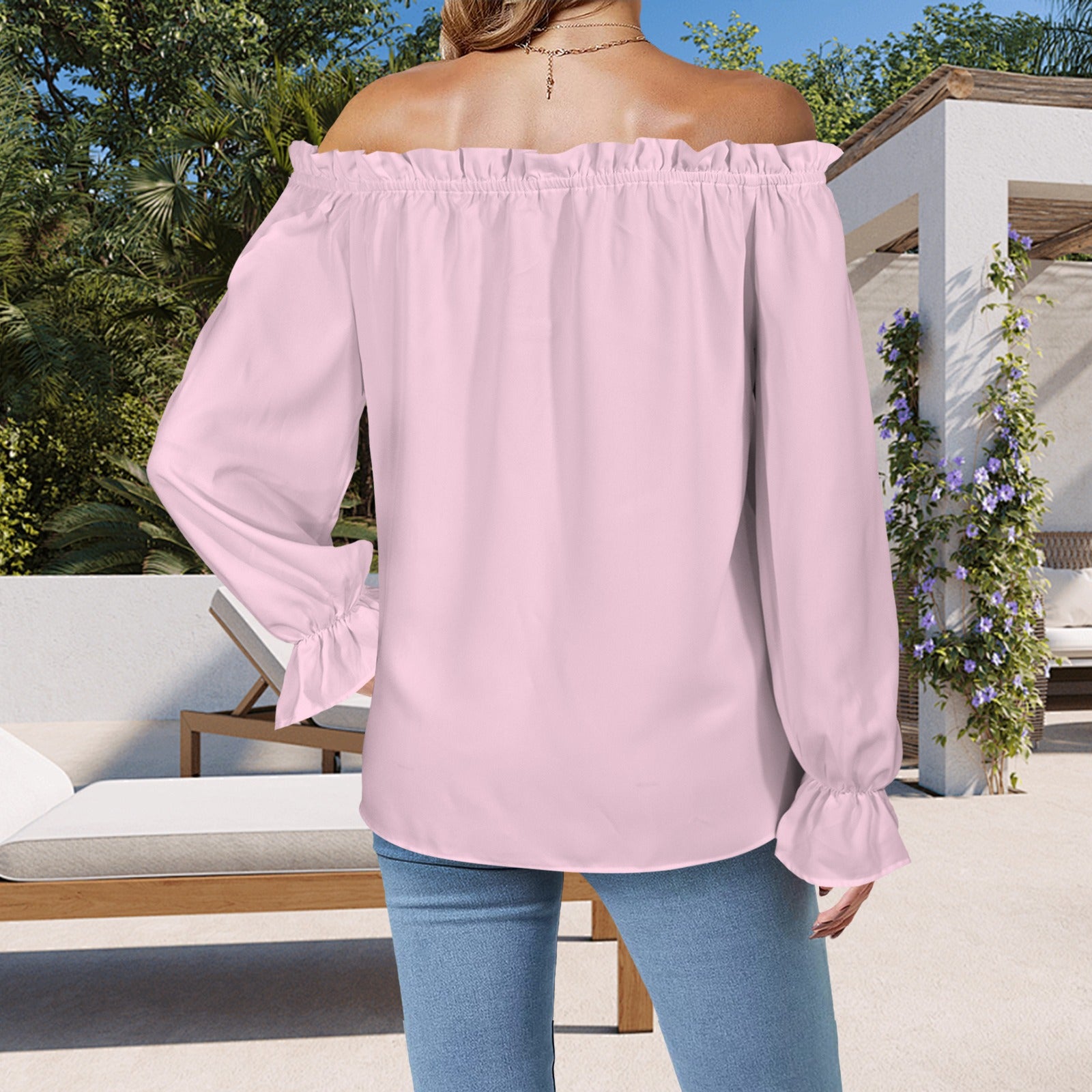 Off Shoulder Lantern Sleeve Ruffle Trim Blouse Pink