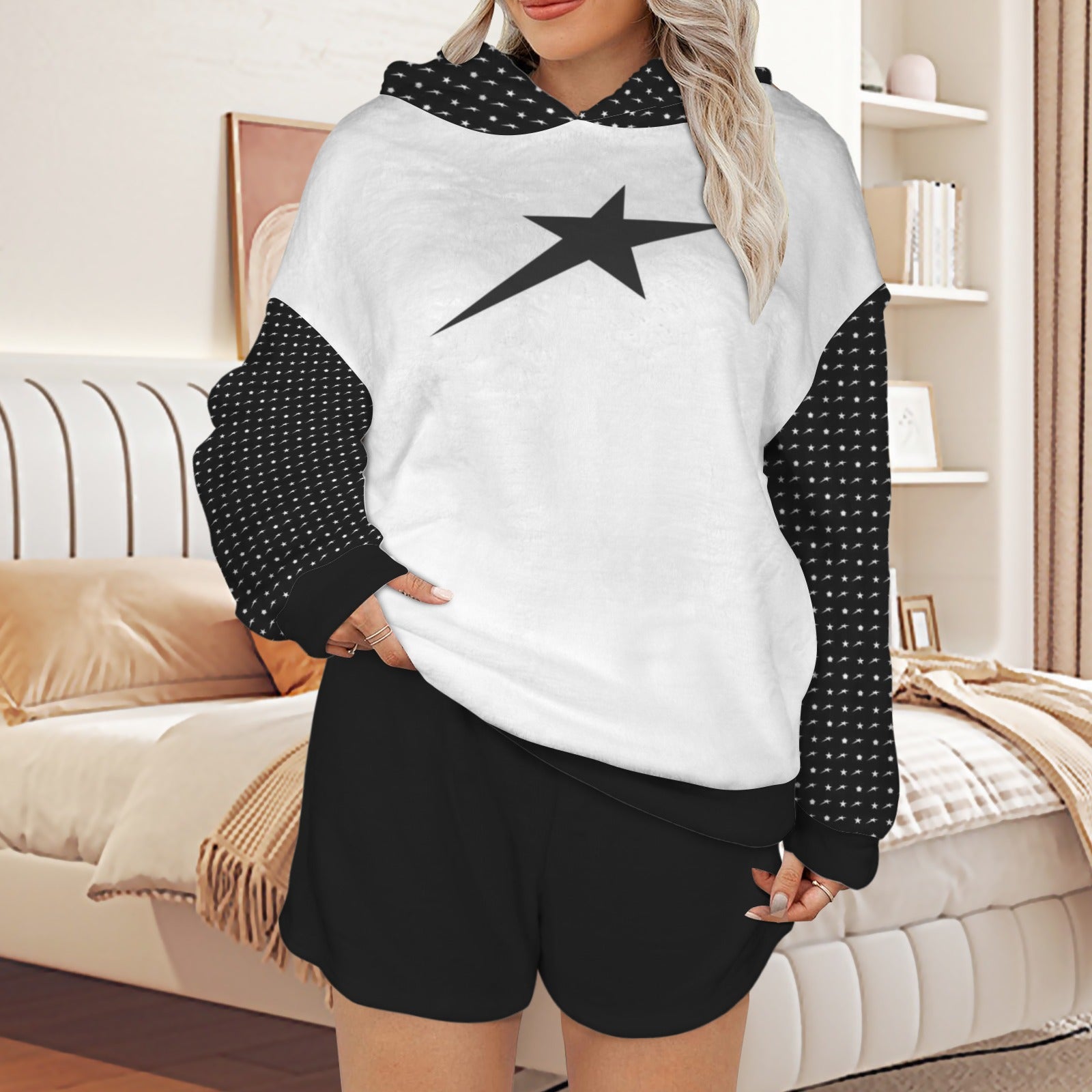 Plush Hooded Pajamas Set B&W Starry