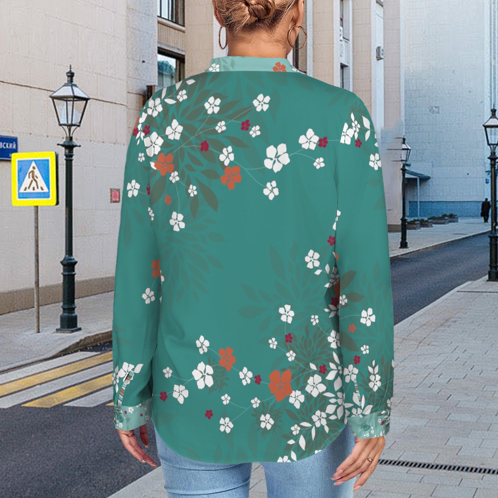 V-Neck Long Sleeve Blouse Blossom Teals