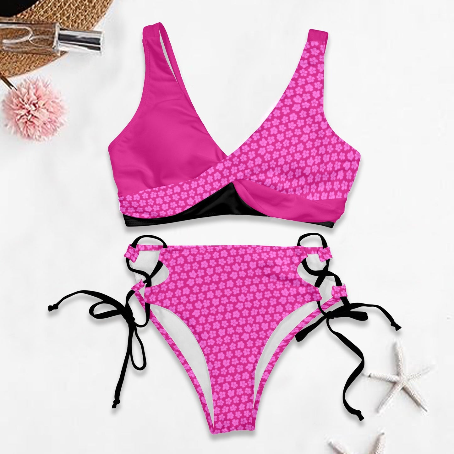 Flower Print Pink & Black Bikini