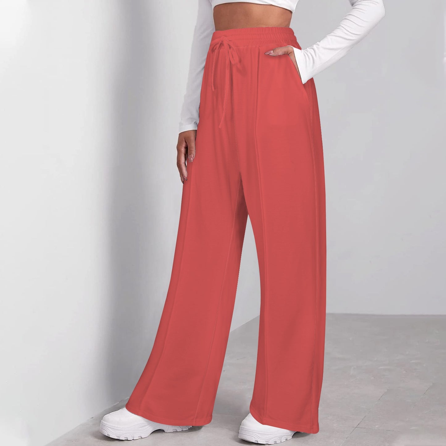 Ladies Drawstring Wide Leg Sweatpants Neutral Coral