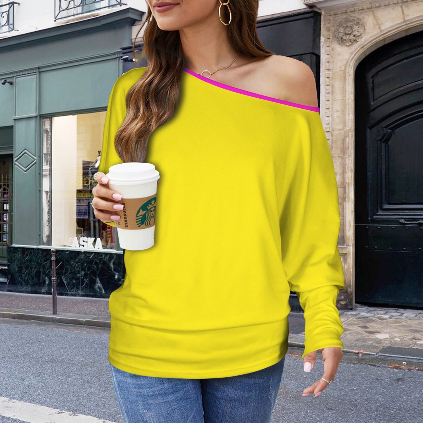 Casual Long Batwing Sleeve Off Shoulder Sweater Top Yellow Fuchsia