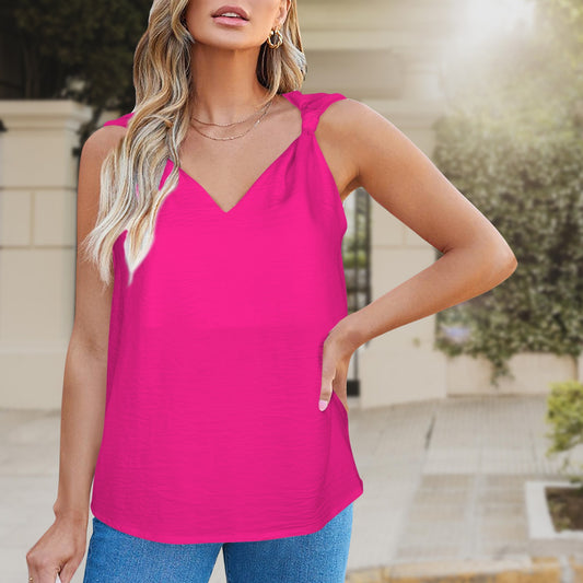 V-Neck Knotted Sleeveless Tank Tops Magenta