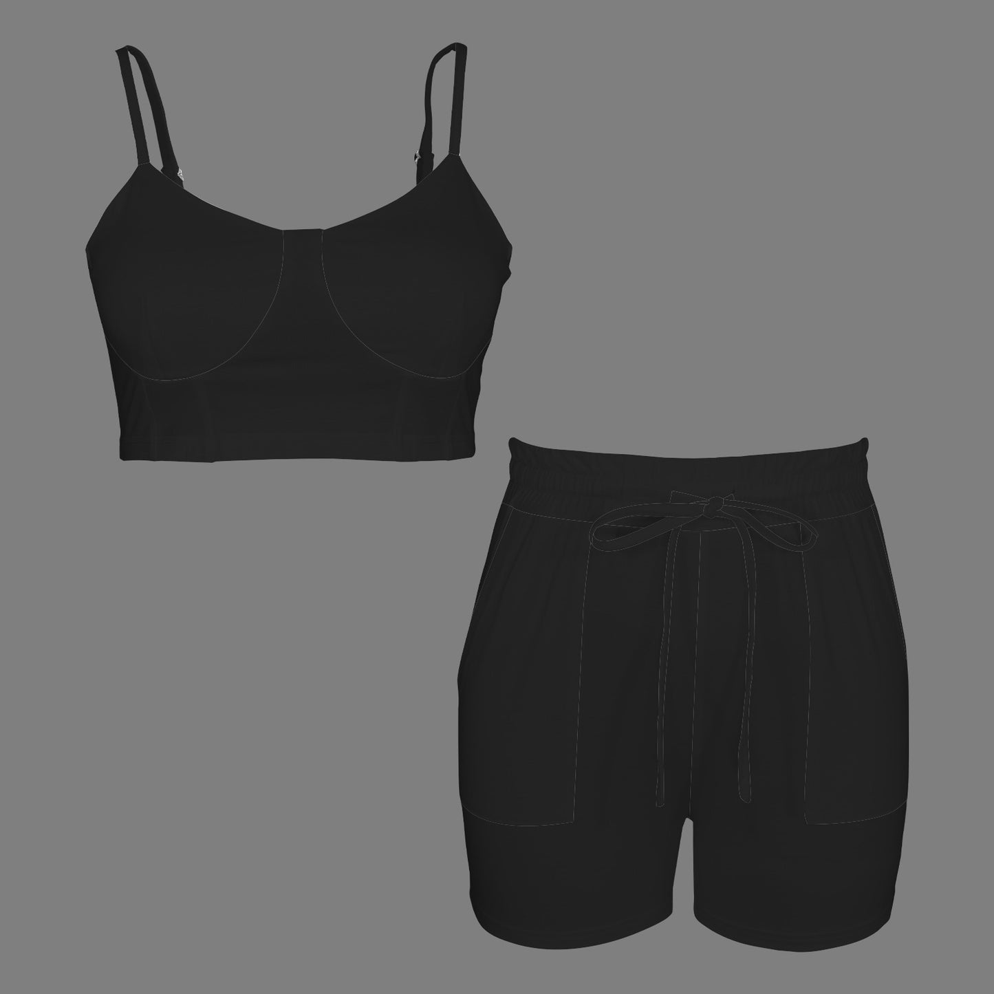 Backless Crop Cami Top & High Waist Drawstring Shorts Set Black