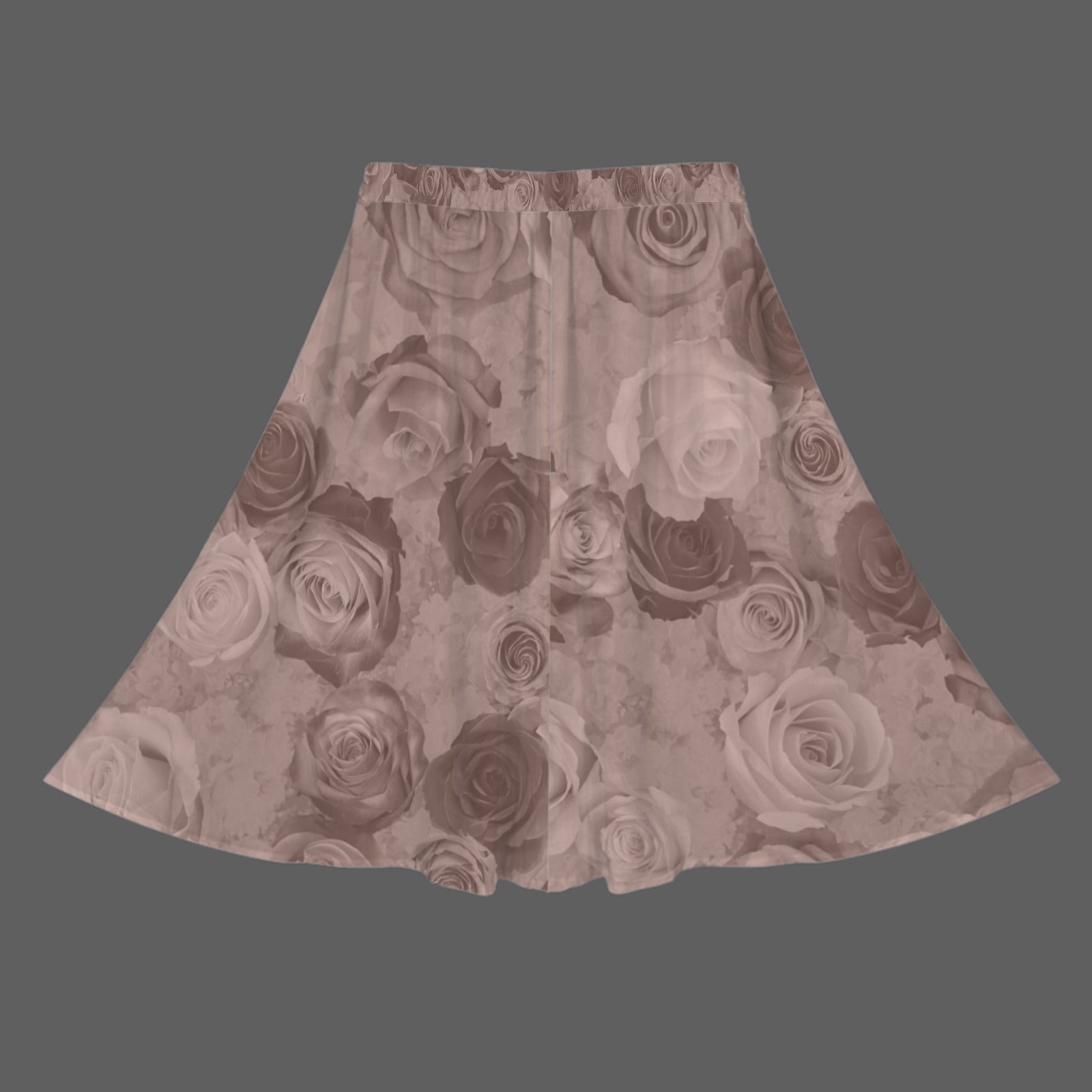 Neutral Mauve Roses Elastic Waist Pocket Full Skirt