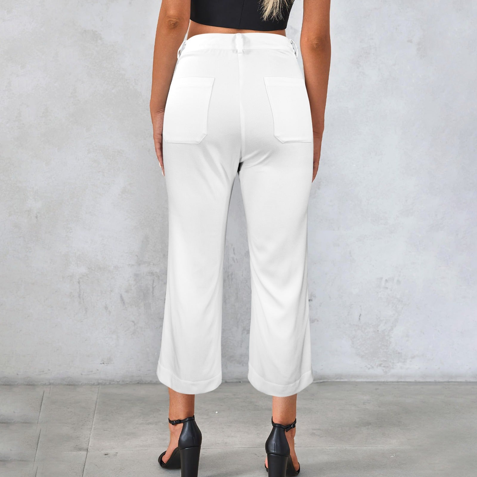 High Waist Pocket Flared Cropped Pants White