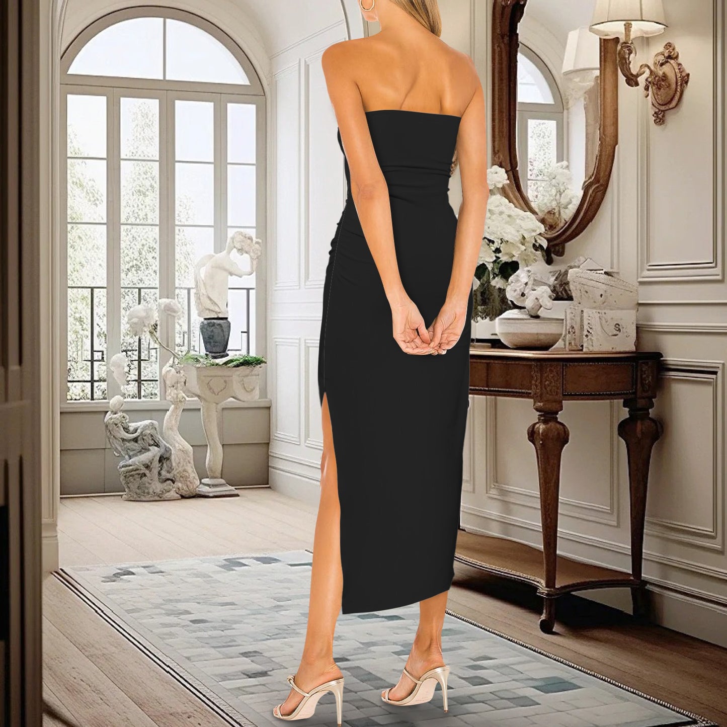 Strapless Side Slit Maxi Slim Fit Dress Black