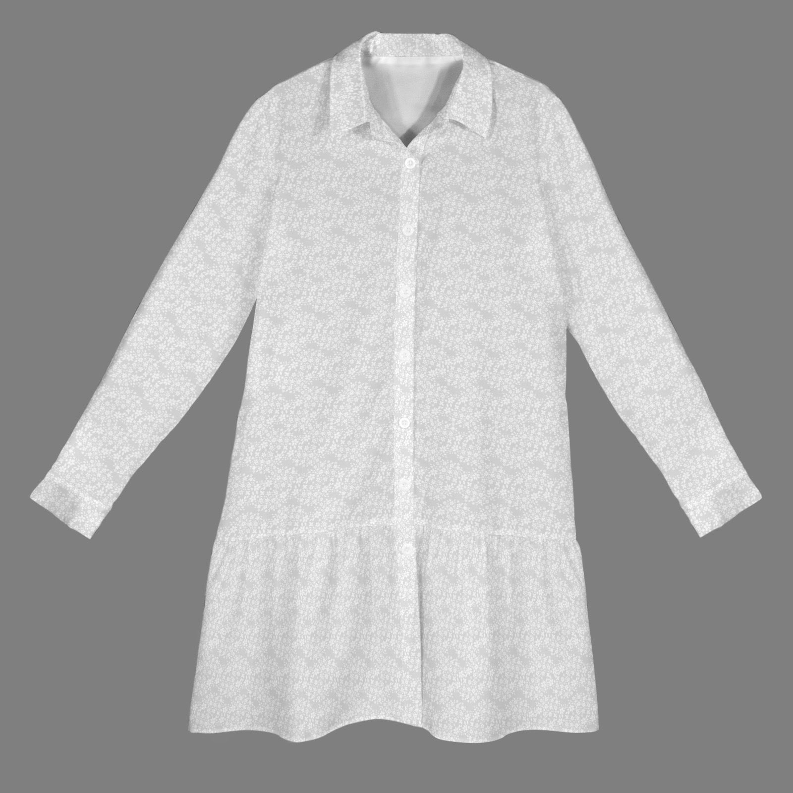 Lightest Grey White Floral Lapel Button Long Sleeve Pleated Shirt Dress