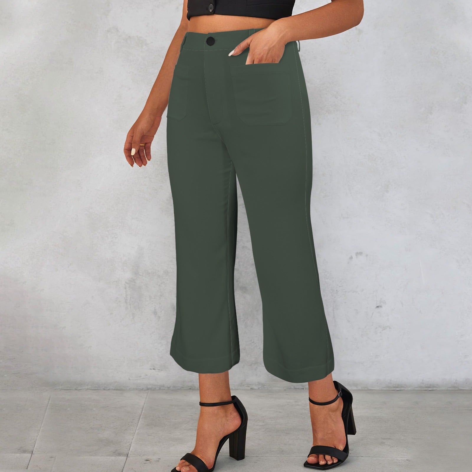 High Waist Pocket Flared Cropped Pants Dark Dusted Green