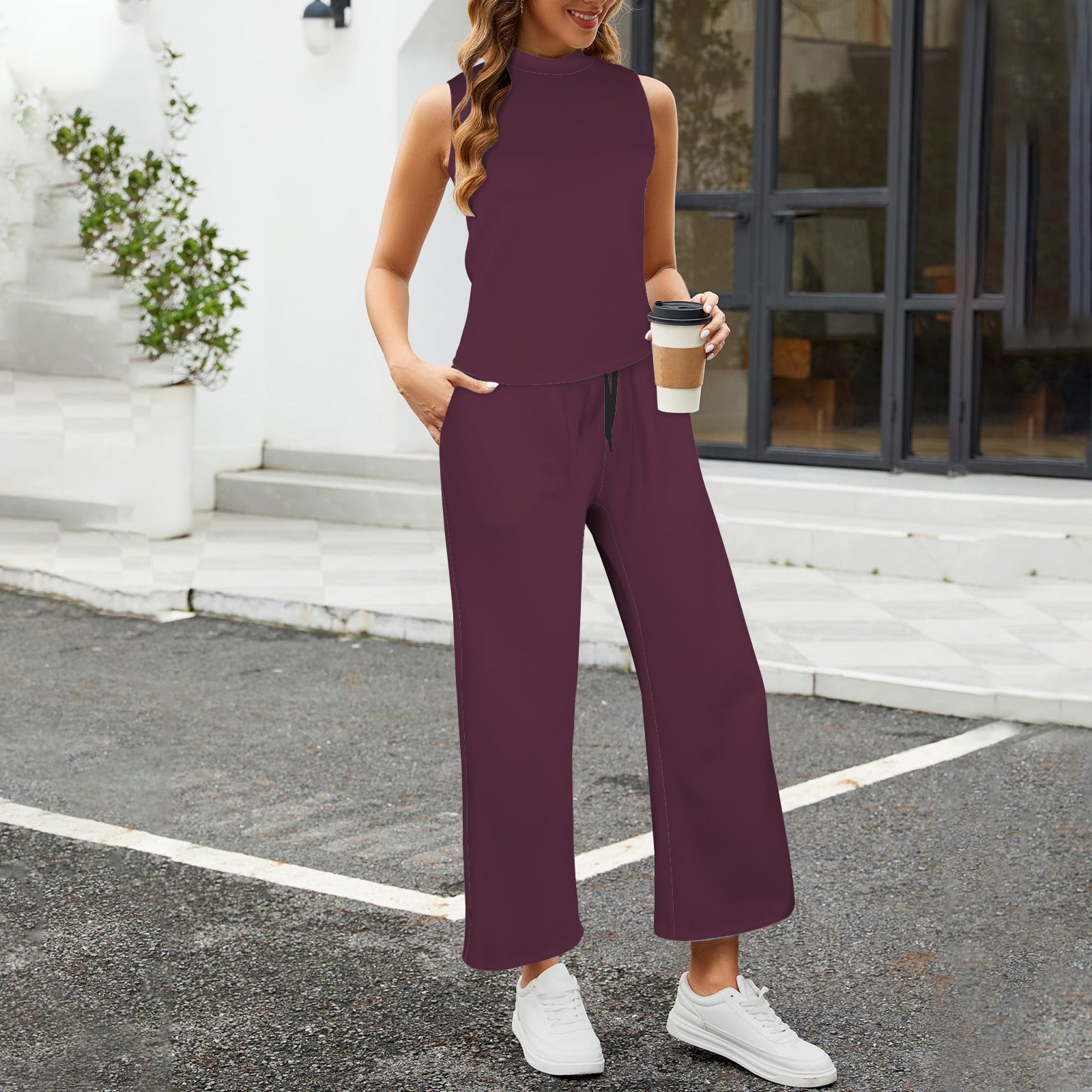 Sleeveless Mock Neck Top & Wide Leg Cropped Pants Set Blackberry