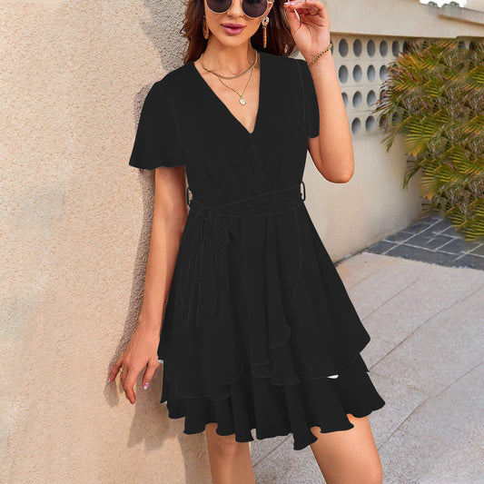 V-Neck Waist Tie Ruffle Hem Casual Dress Black