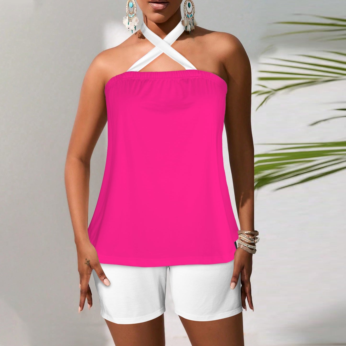 Halter Neck Backless Top & Shorts Set Magenta & White