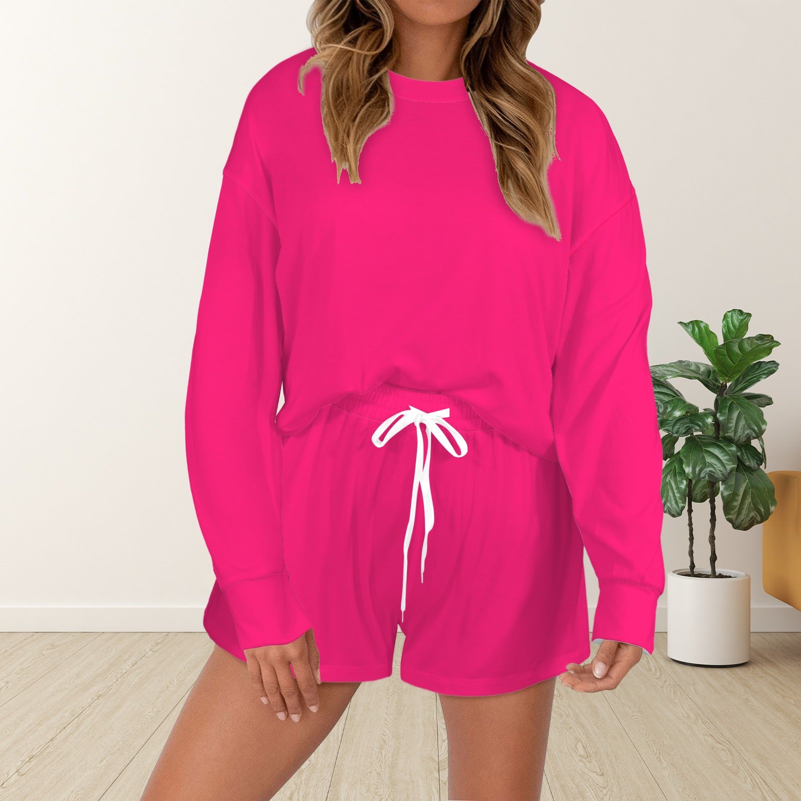 Magenta 2 Piece Lounge Set Long Sleeve Top & Shorts