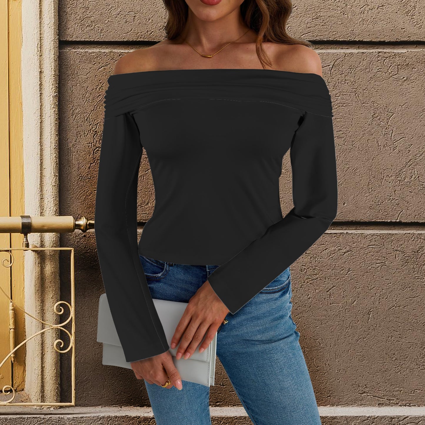 Off Shoulder Double Lined Long Sleeve T Shirts Black