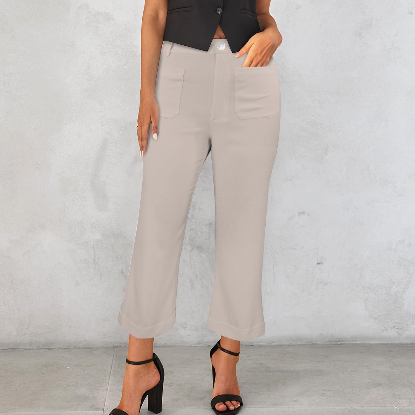 High Waist Pocket Flared Cropped Pants Beige