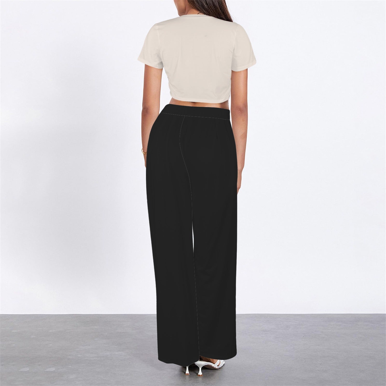 Crew Neck Short Sleeve Crop Top & Wide Leg Pants Set Light Beige & Black