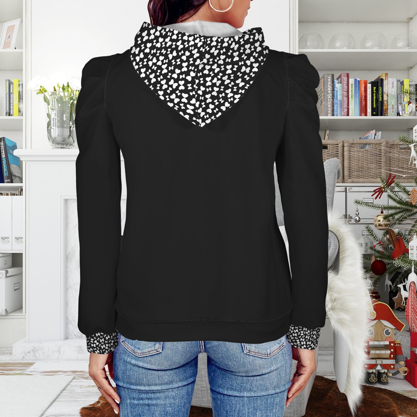 Pleated Puff Sleeve Hooded Fleece Sweatshirt BW Butterflies Print