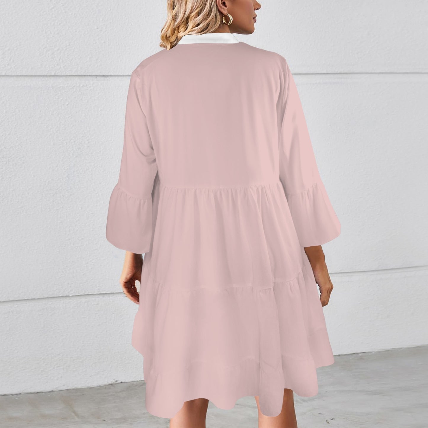 Flared Sleeve Button Tiered Shirt Dress Ballet