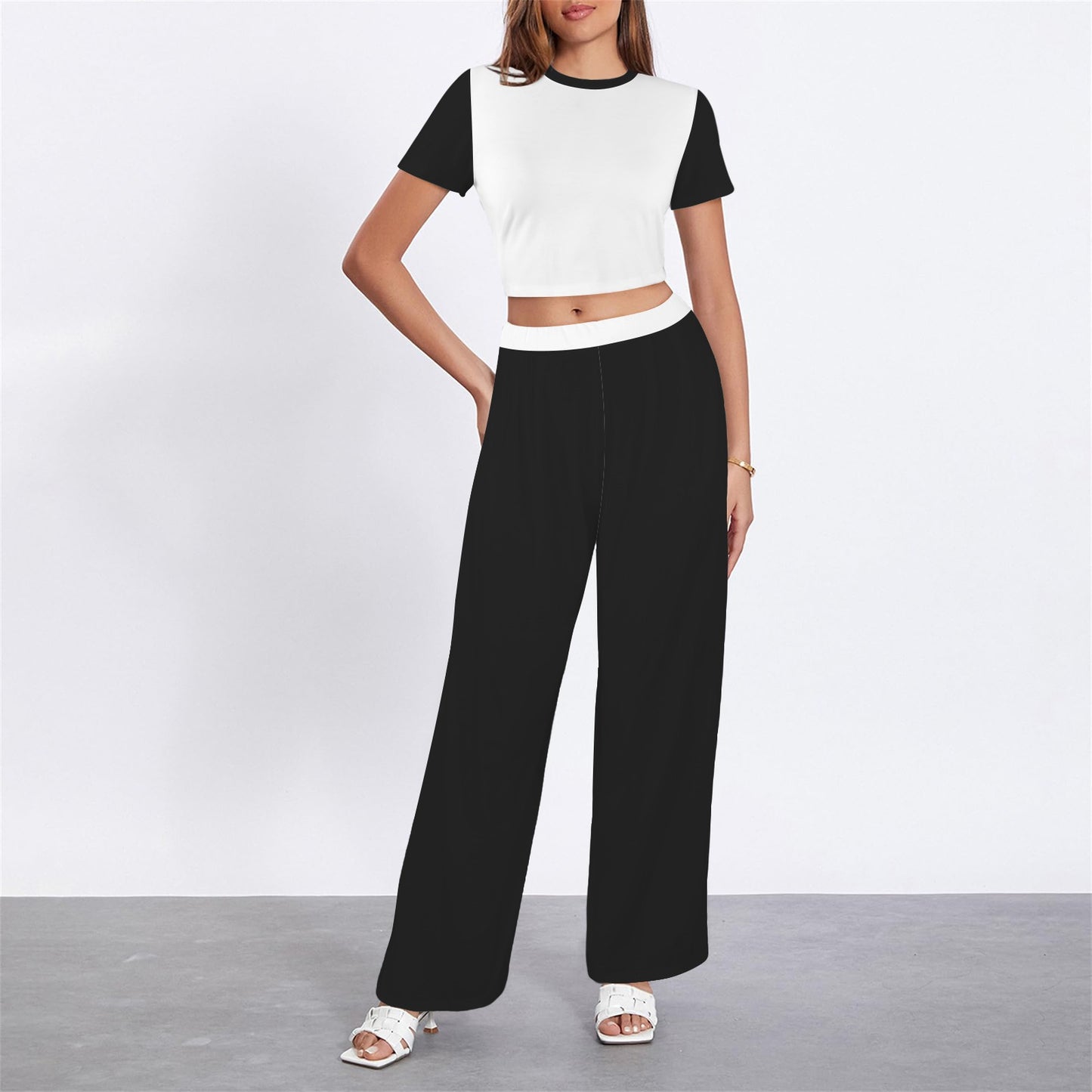 Crew Neck Short Sleeve Crop Top & Wide Leg Pants Set BW