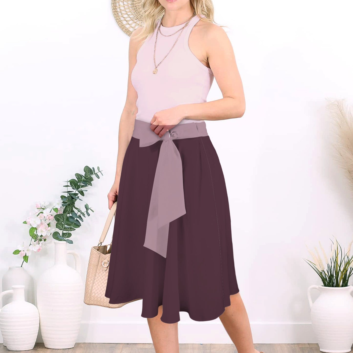 High Waist Bowknot Front A-line Skirt Dark Plum Mauve