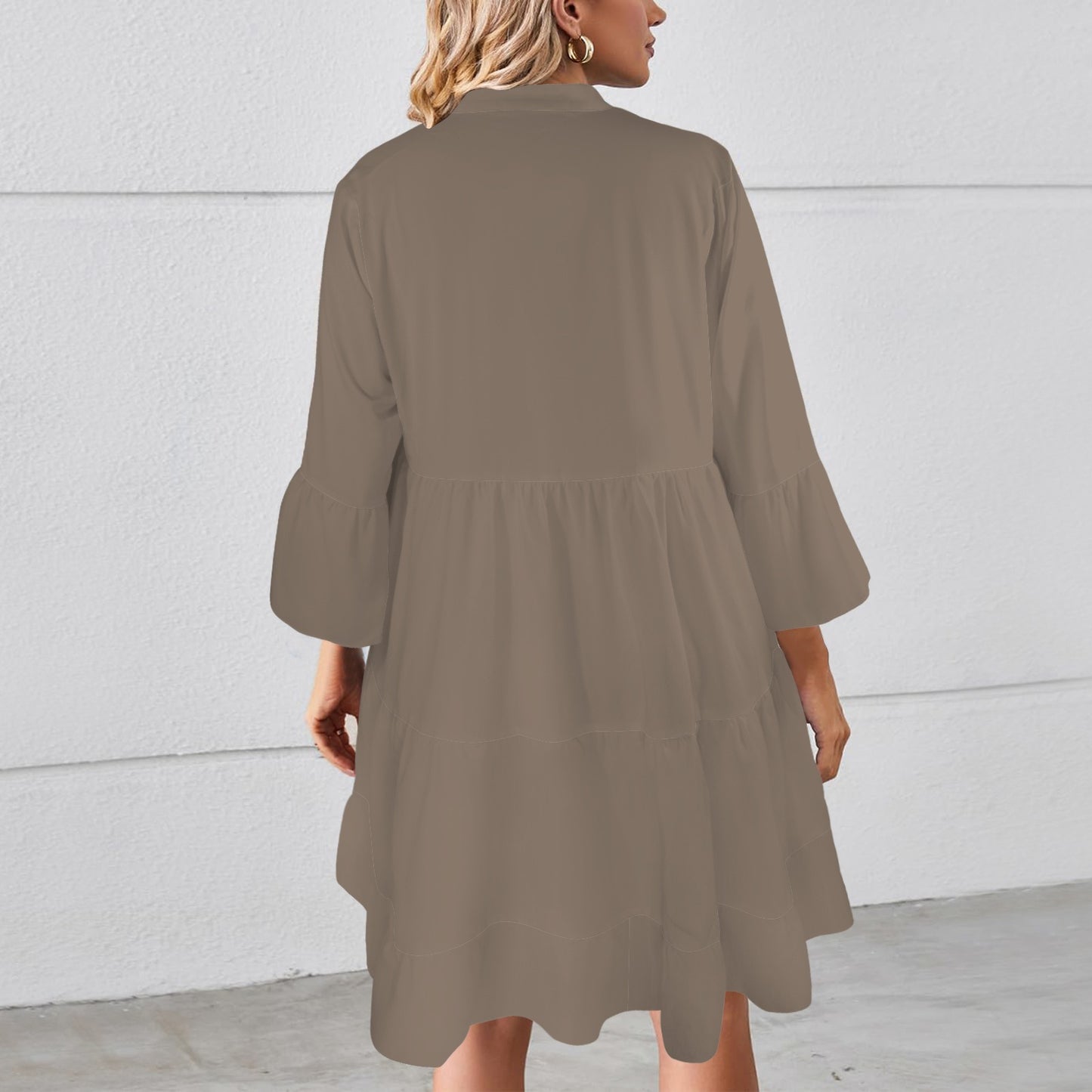 Taupe Flared Sleeve Button Tiered Shirt Dress