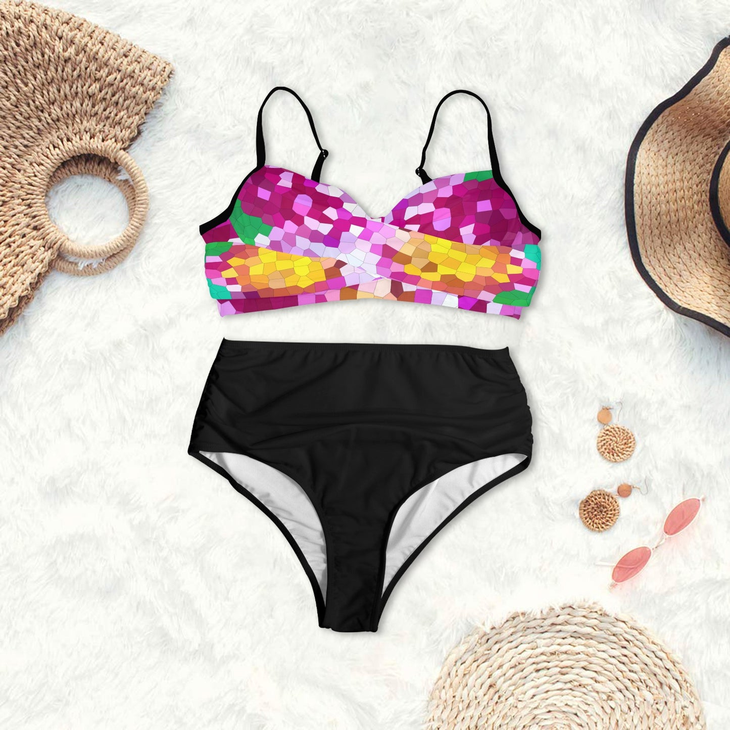 Multi Color Petal Abstract & Black Bikini