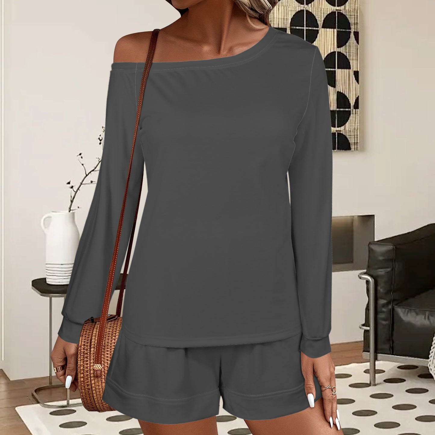 Slanted Off Shoulder Sweatshirt & Elastic Waist Shorts Set Dark Grey