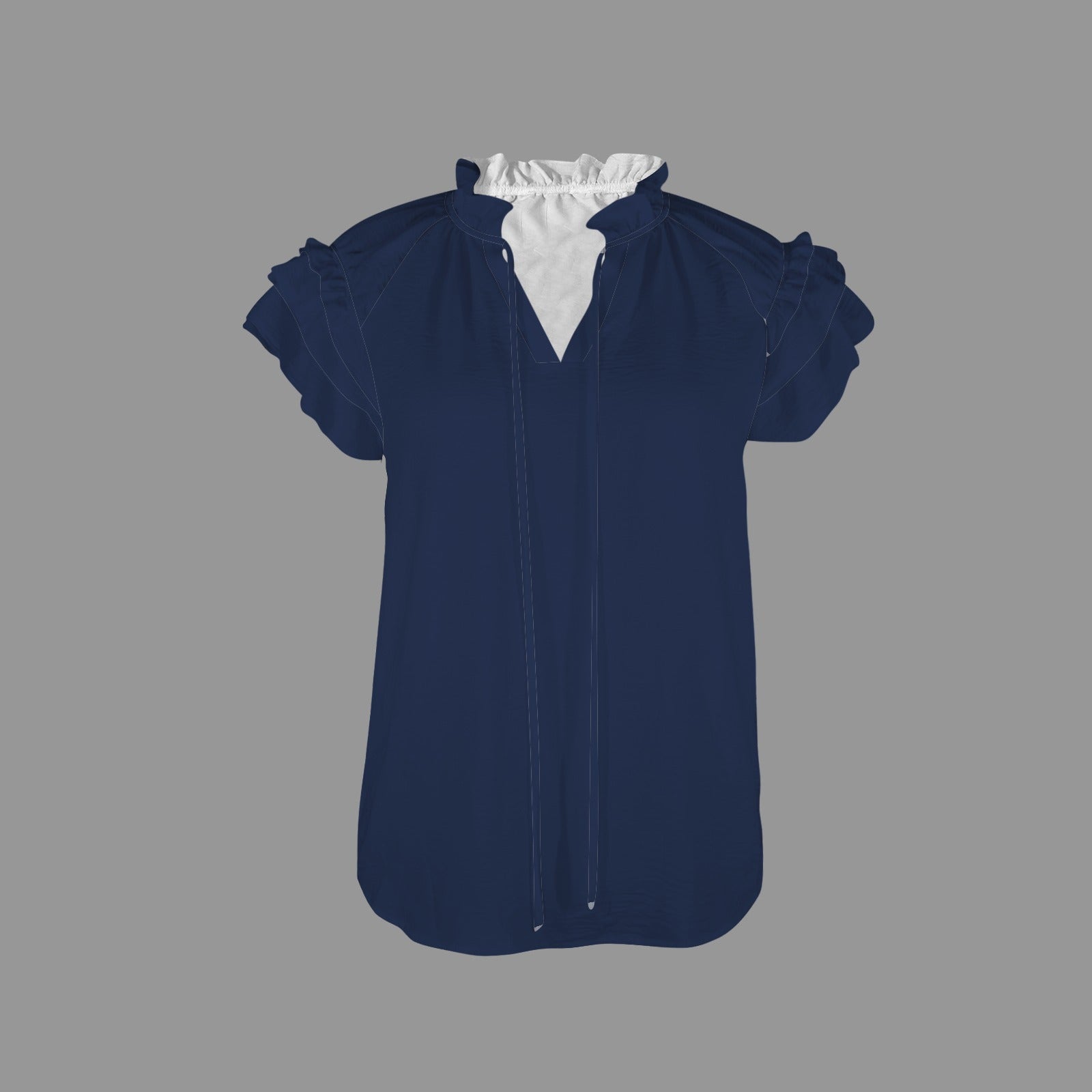 V-Neck Drawstring Ruffle Sleeve Blouse Night Blue