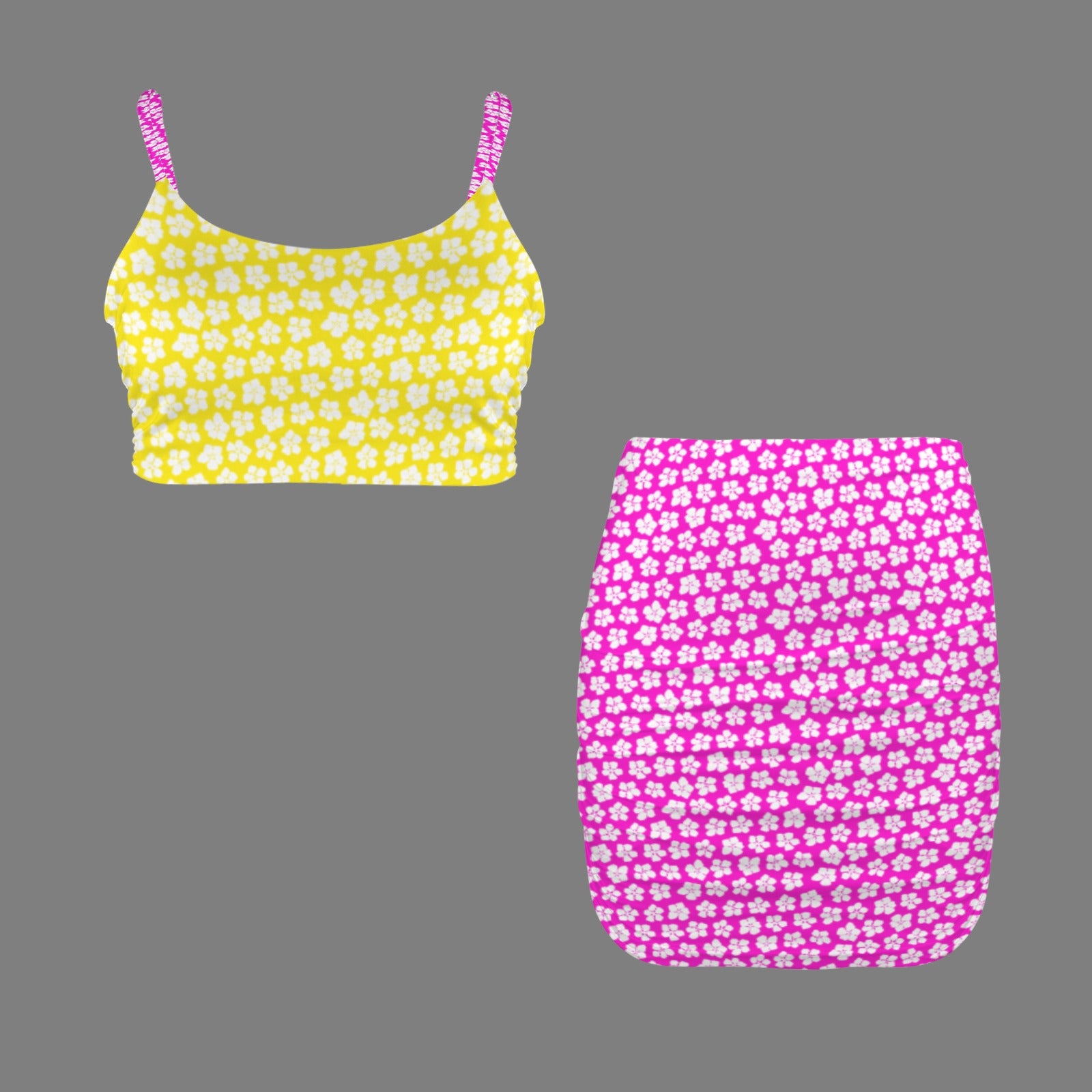 Yellow Fuchsia Flower Print Cami Top & Ruched Bodycon Skirt