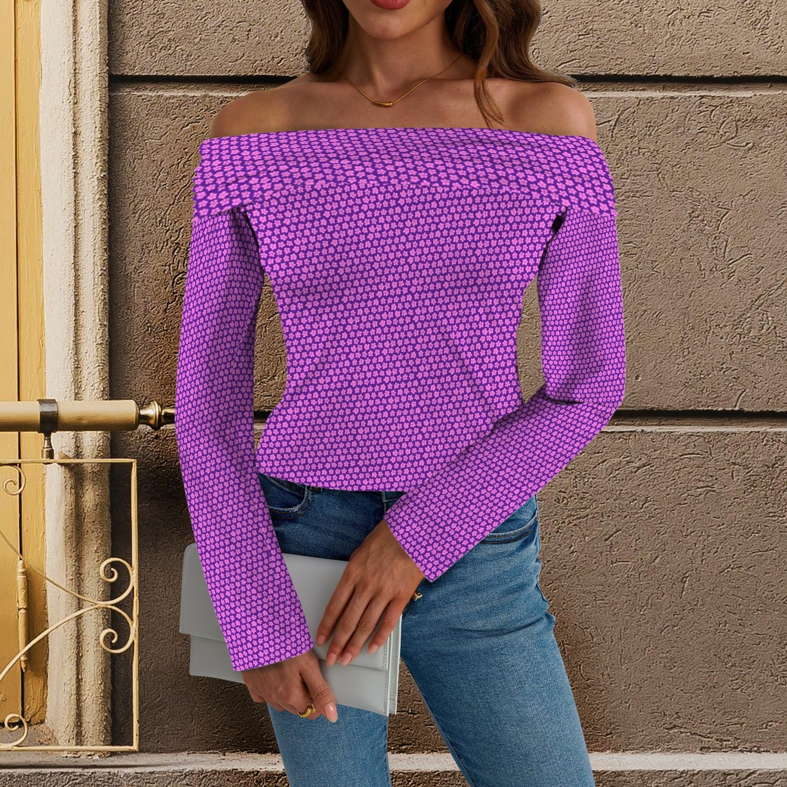 Off Shoulder Double Lined Long Sleeve T Shirts Purple Pink Flower Print