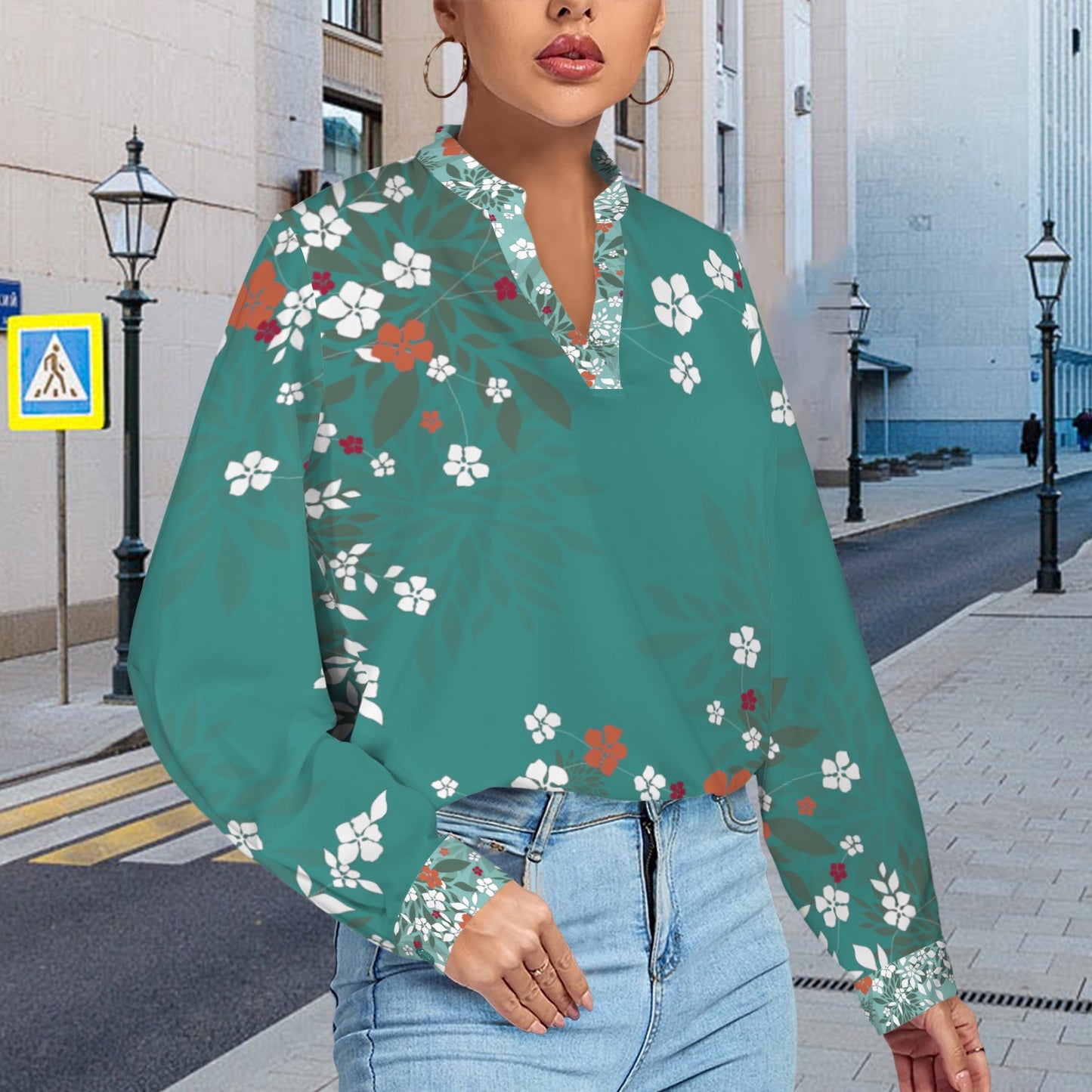 V-Neck Long Sleeve Blouse Blossom Teals