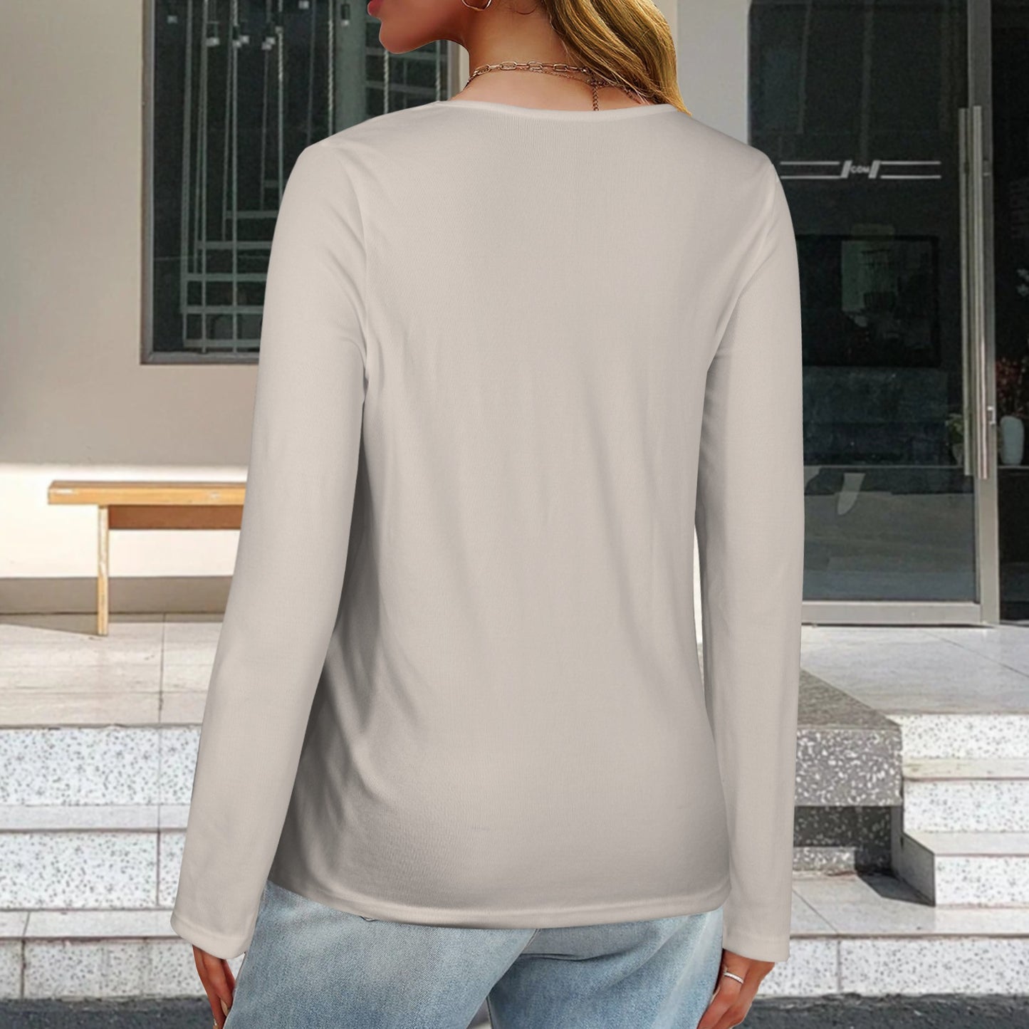 V Neck Long Sleeve Pullover Top Light Beige