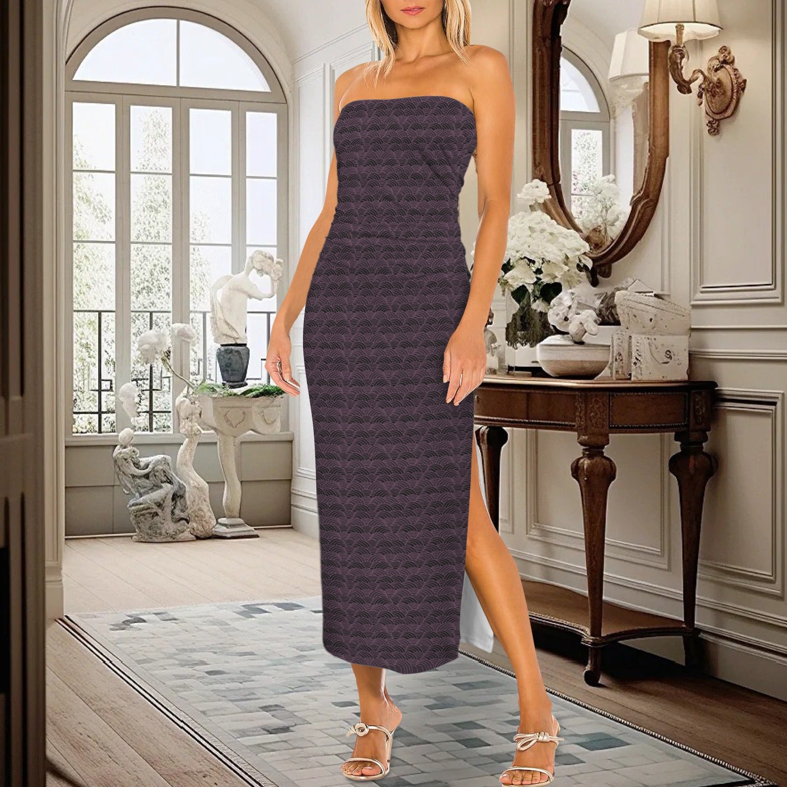 Strapless Side Slit Maxi Slim Fit Dress Plum Scallop Print