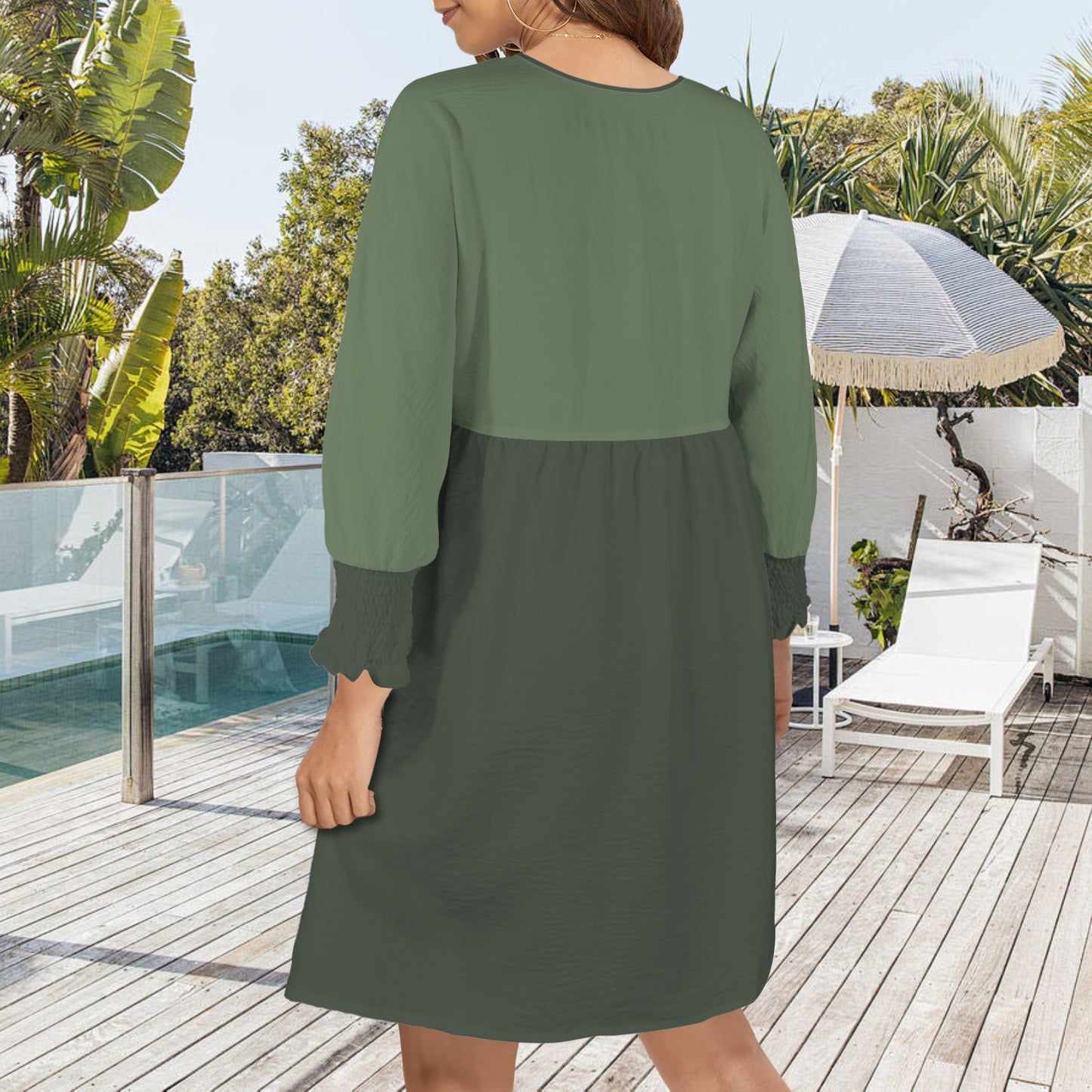 Black Crew Neck Smocked Short Sleeve Tunic Casual Style Dress Neutral Greens