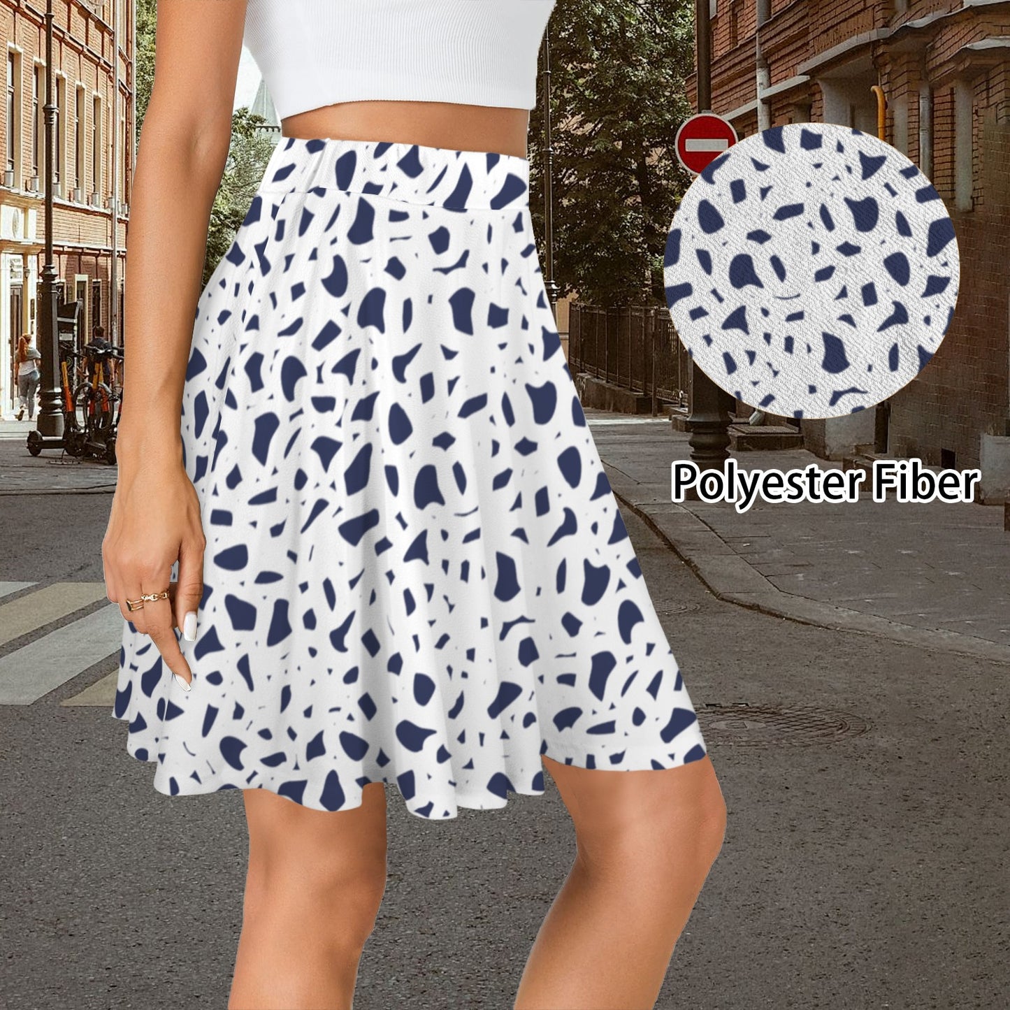 Elastic Waist Casual Flared Mini Skirt White Navy Coral Abstract