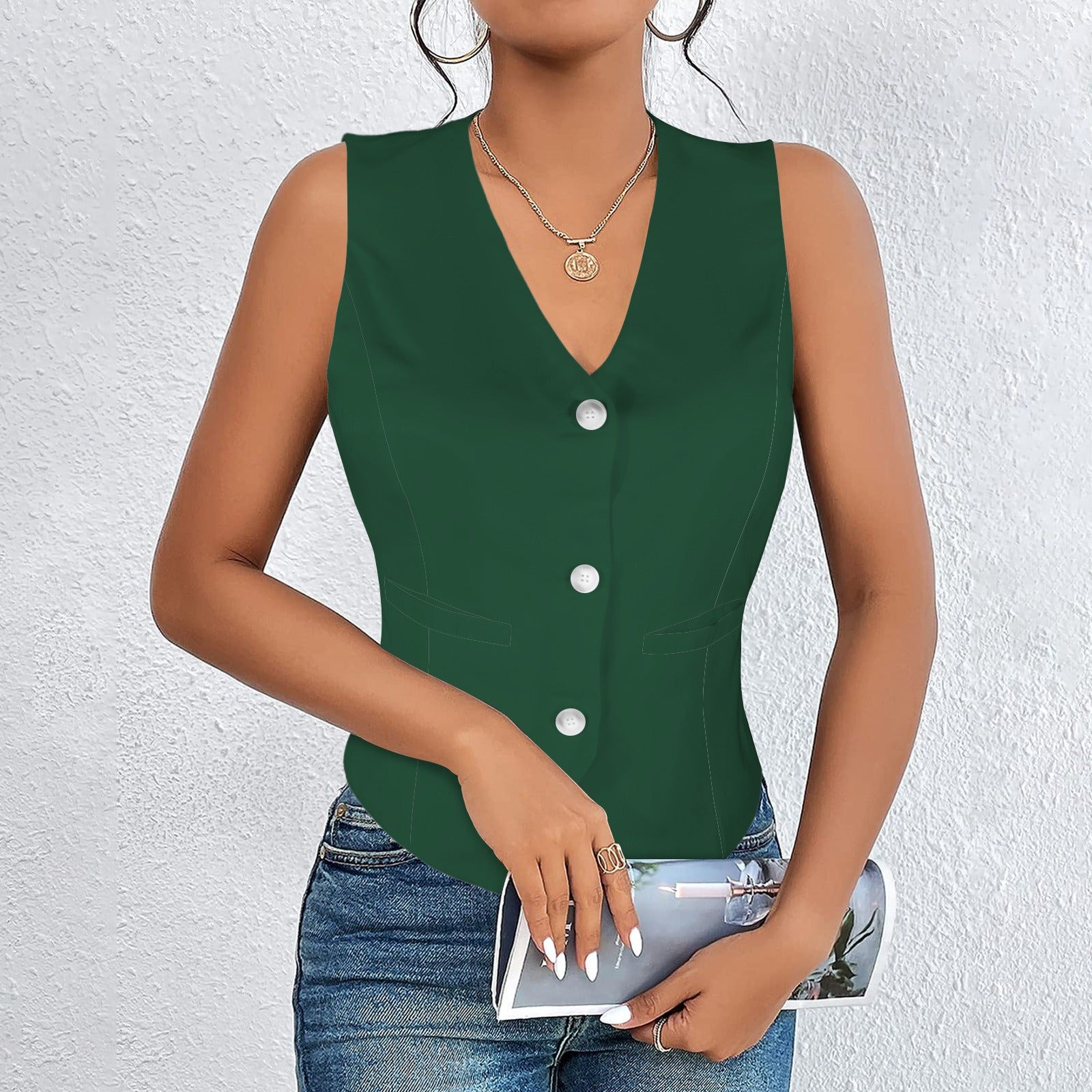 V-Neck Sleeveless Button Pocket Vest Forest