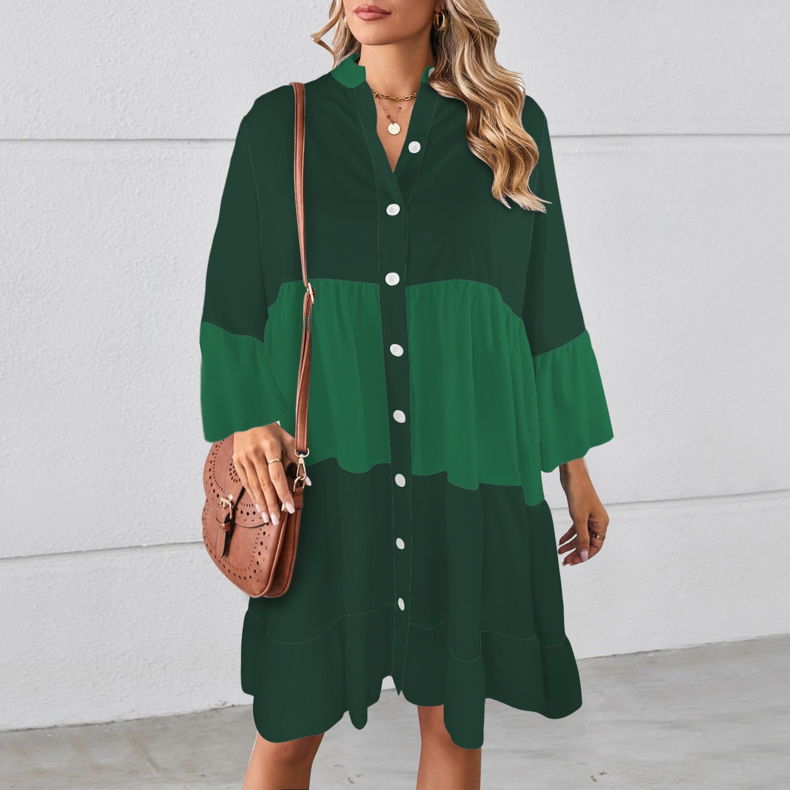 Flared Sleeve Button Tiered Shirt Dress Emerald Forest