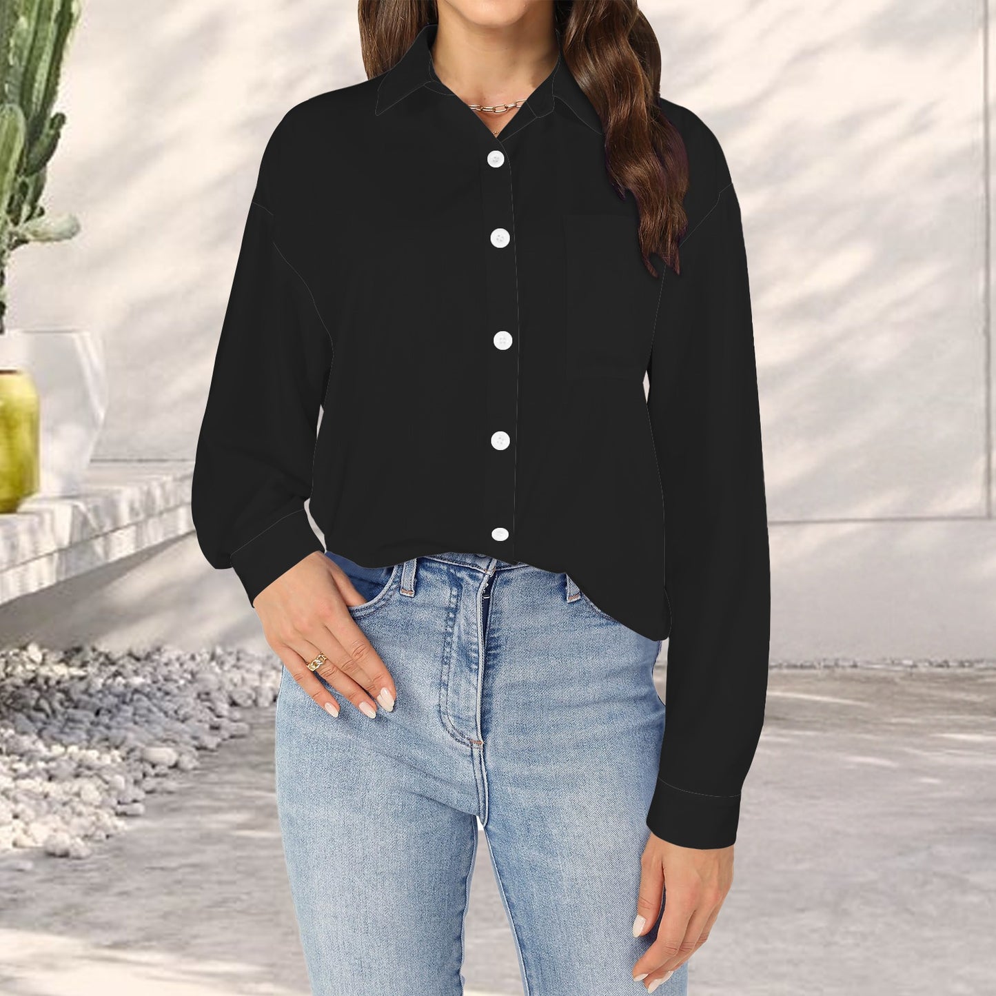 Black Long Sleeve Pocket Button Shirt