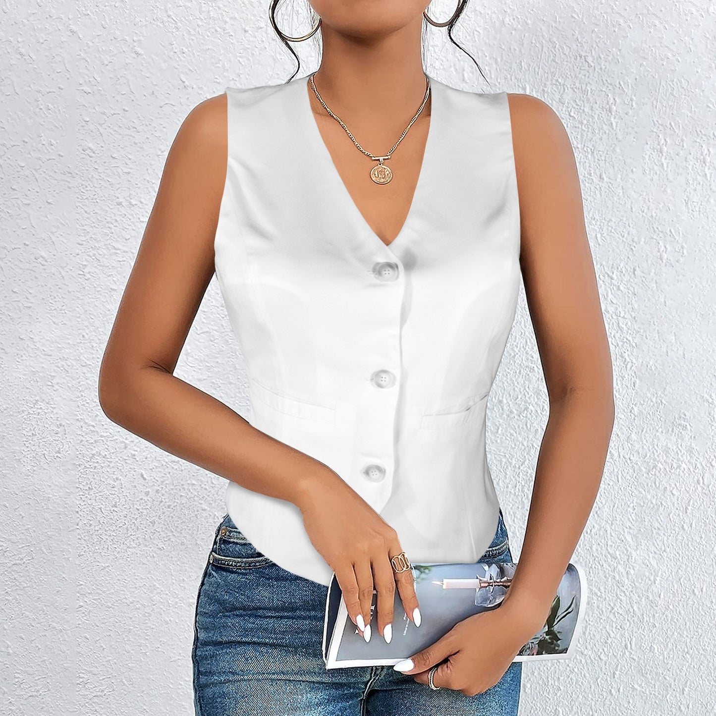 V-Neck Sleeveless Button Pocket Vest White