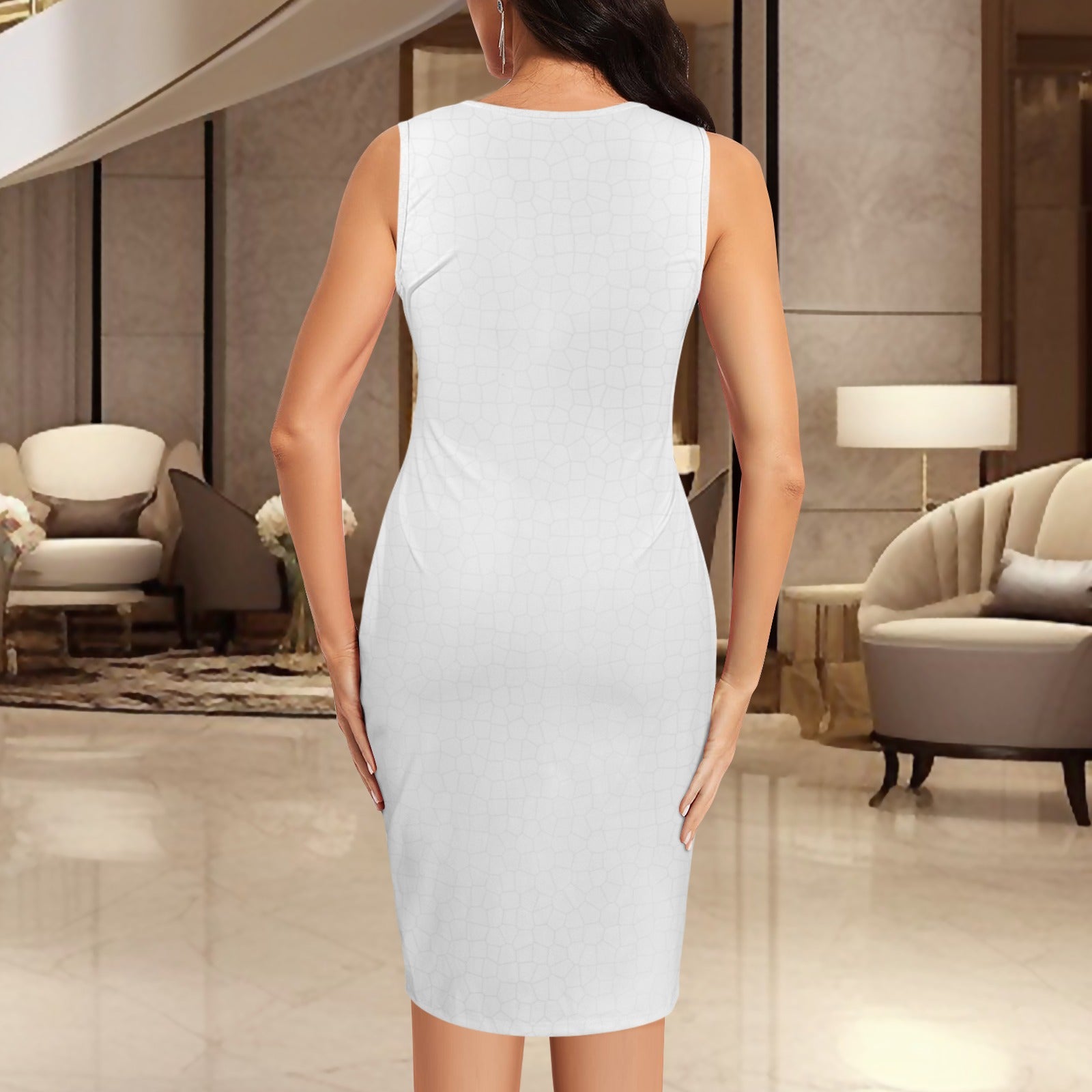 V Neck Sleeveless Faux Wrap Ruched Bodycon Dress Cloud Crackle