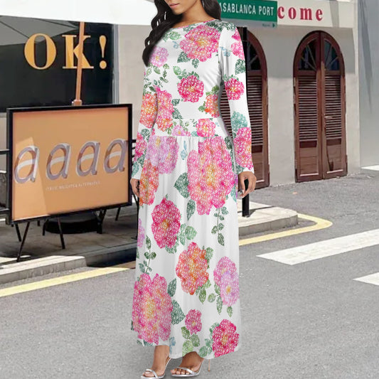 Long Sleeve Pocket Pleated Maxi Dress White Floral over Multi Rose Floral