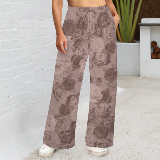 Bold Roses Mauve Grey Wide Leg Pants with Pockets