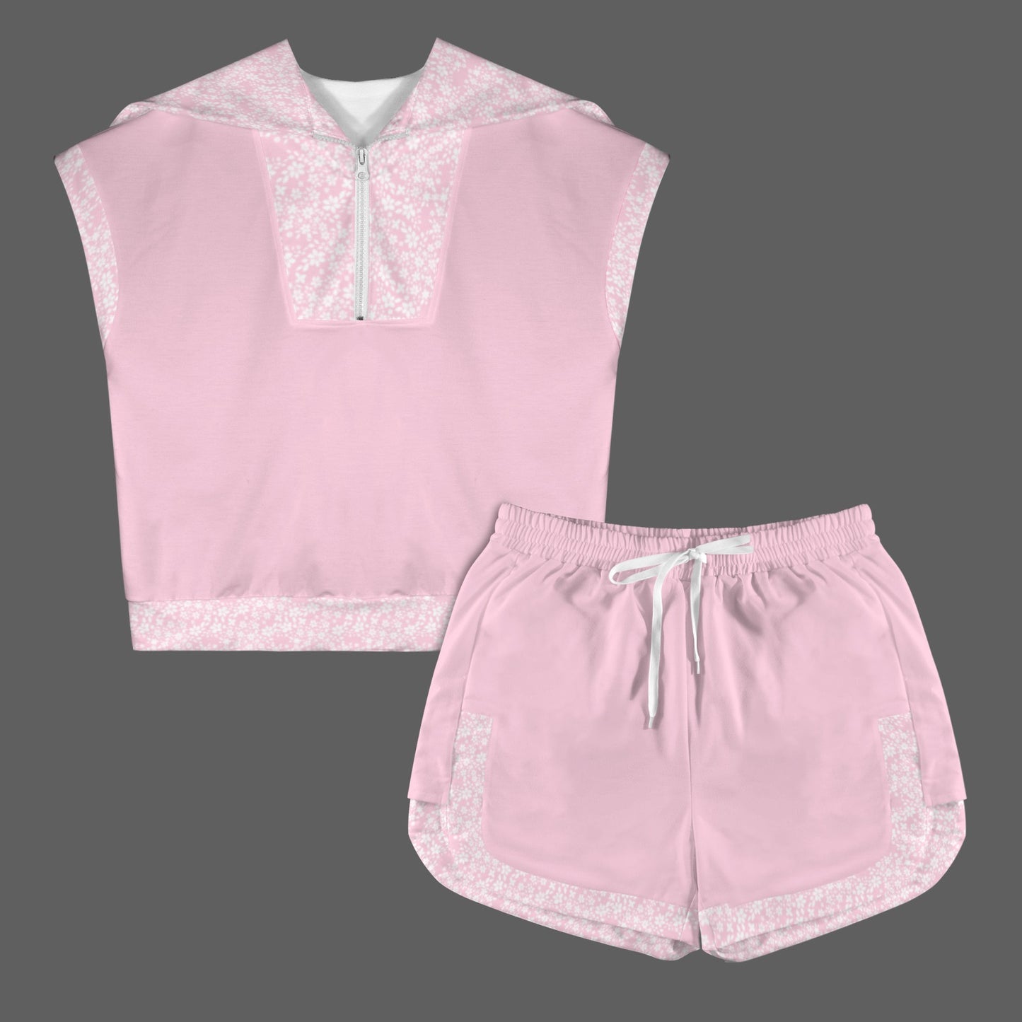 Pink Floral Short Sleeve Lapel Half Zip Top & Drawstring Shorts Set