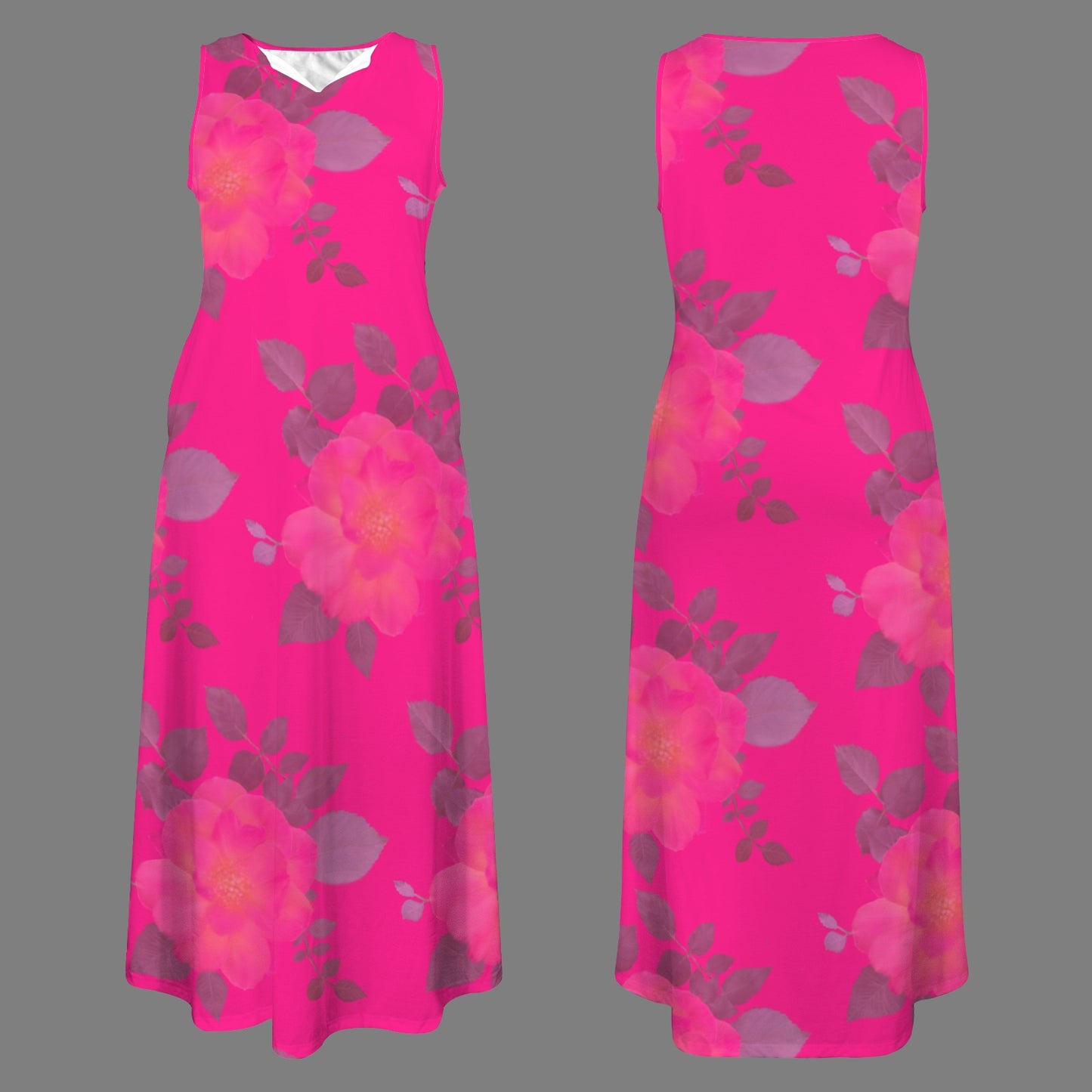 Sleeveless Maxi Dress Roses Magenta