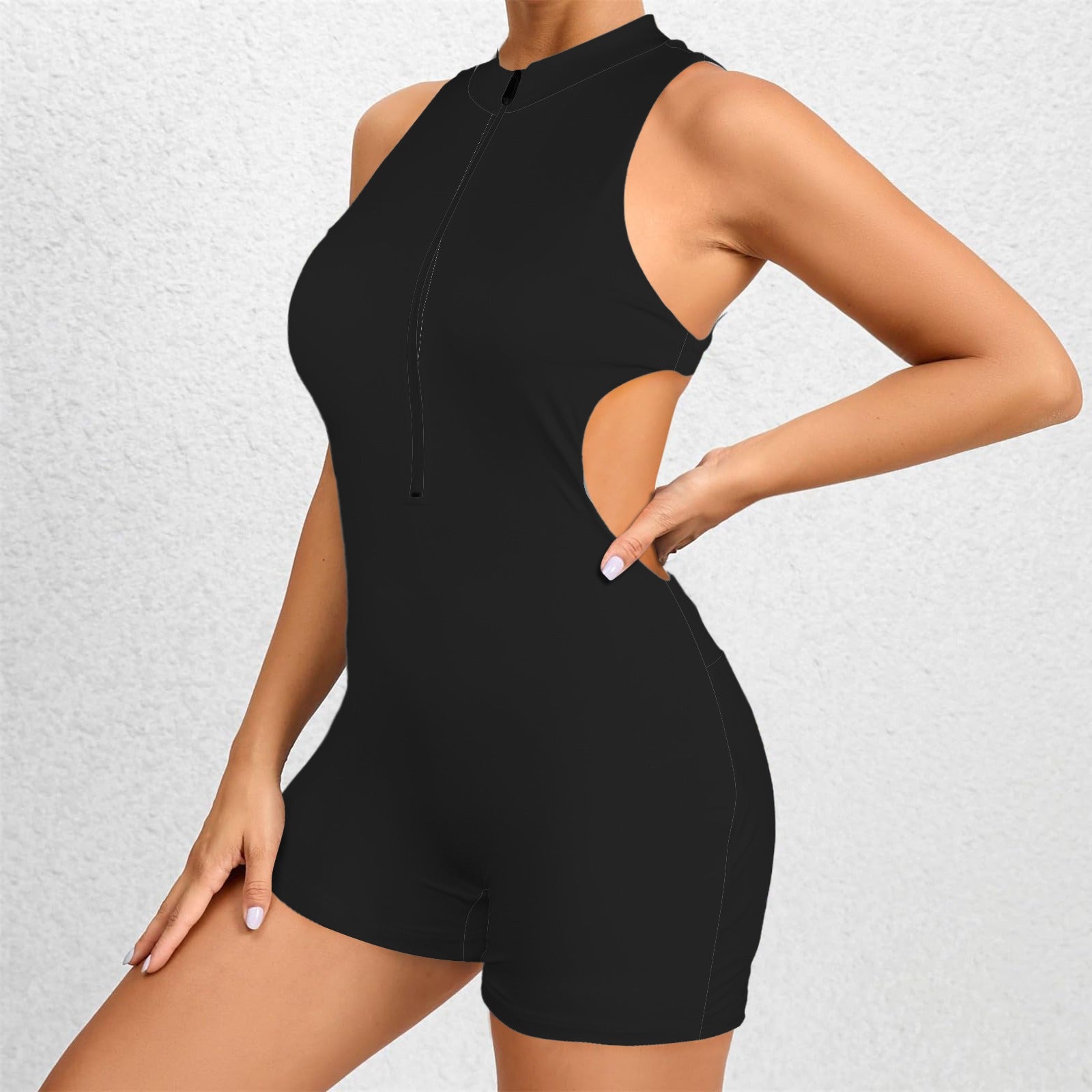 Sleeveless Half Zipper Bare Back One Piece Jumpsuit Black