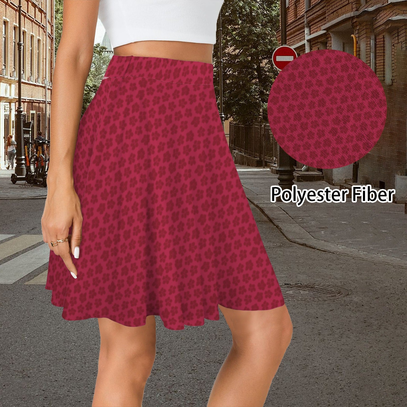 Elastic Waist Casual Flared Mini Skirt Berry Red Flower Print