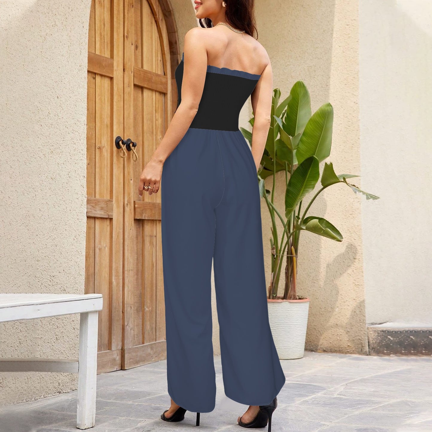 Bandeau Tie Waist Long Jumpsuit Black & Dark Storm