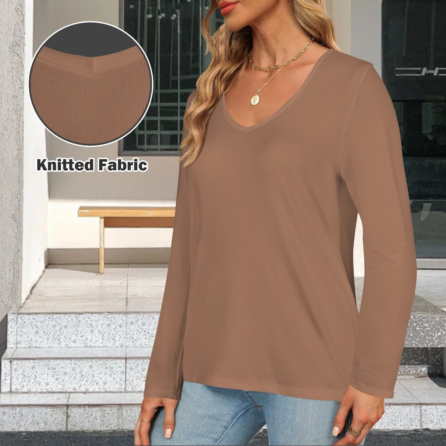 V Neck Long Sleeve Pullover Top Brown Beige