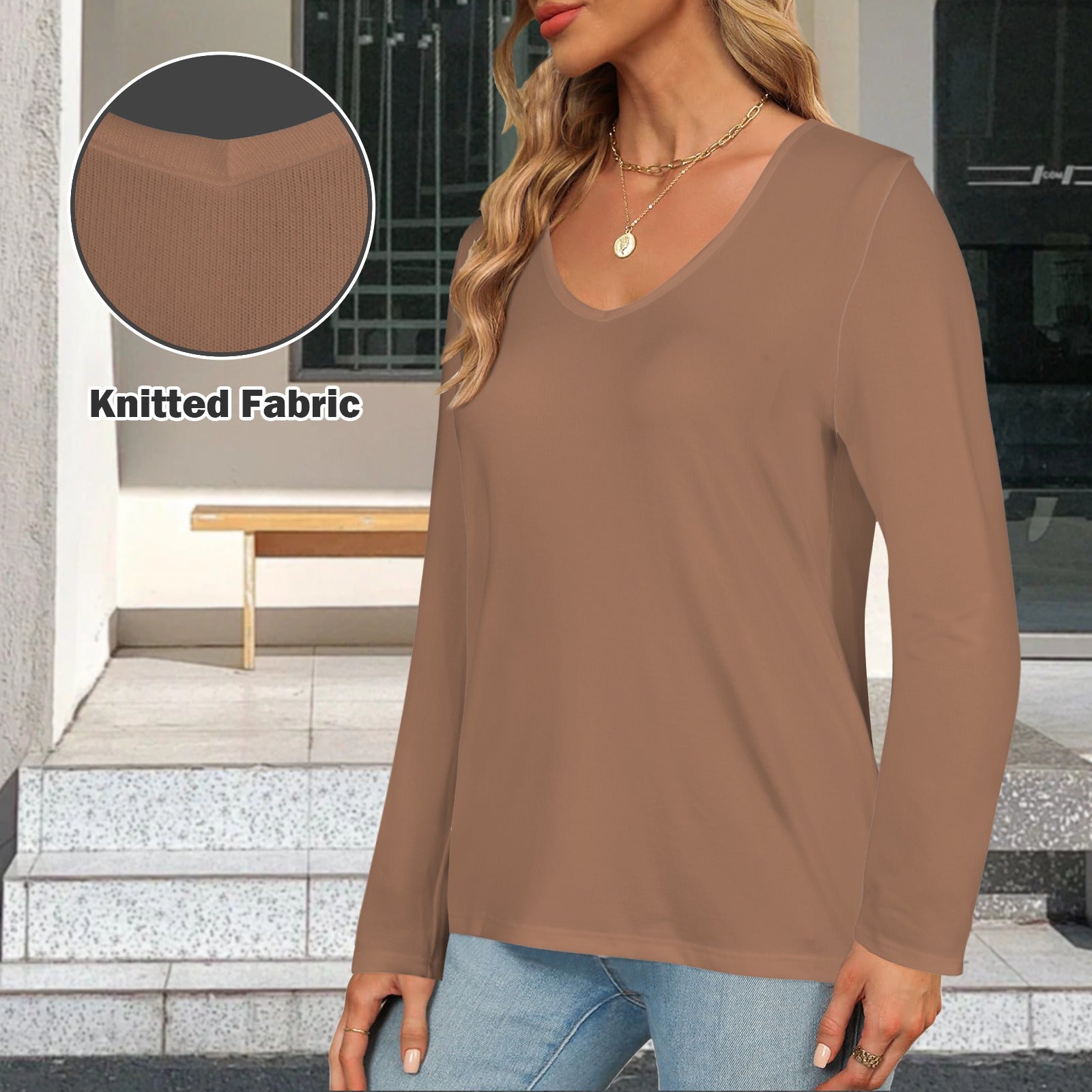 V Neck Long Sleeve Pullover Top Brown Beige