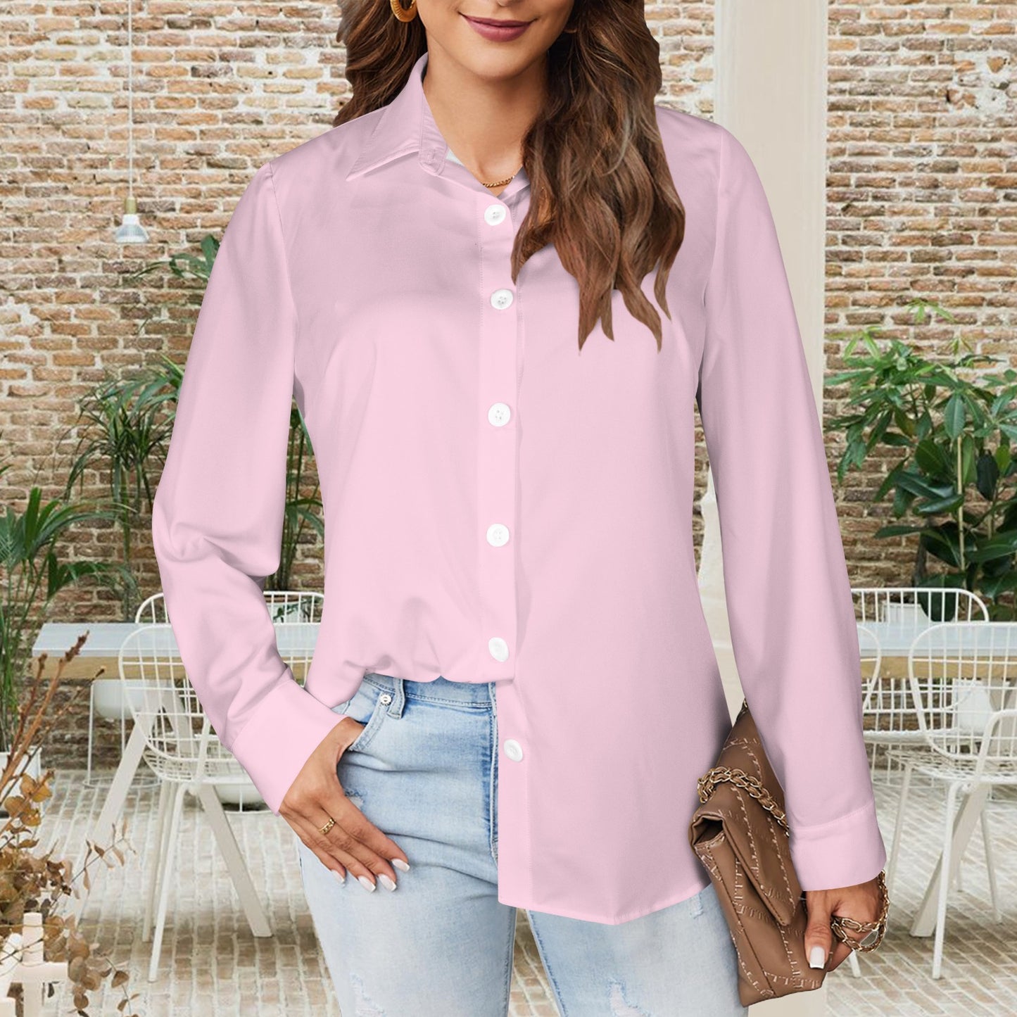 Basic Button Down Long Sleeve Shirt Pink